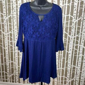 Navy blue gauze 3/4 ruffle sleeve boho dress with embroidered lace front sz M